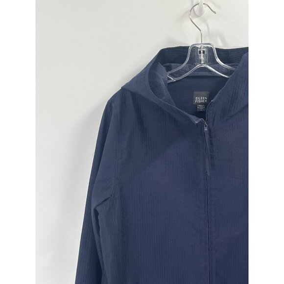 Eileen Fisher Long Line Seersucker Hooded Jacket Navy Blue Quiet Luxury Sz S - Picture 2 of 7